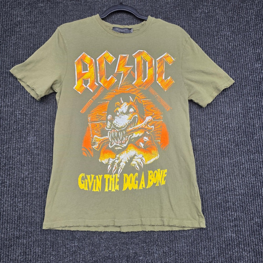 Junk Food AC/DC Givin The Dog A Bone Graphic Tee Olive Green Raw Hem Small NWOT